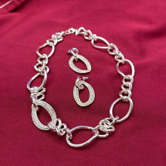 SAQ Set: Silver-Tone Chain Link w/ Crystal Choker Necklace & Post Dangle Earring - Picture 4 of 13